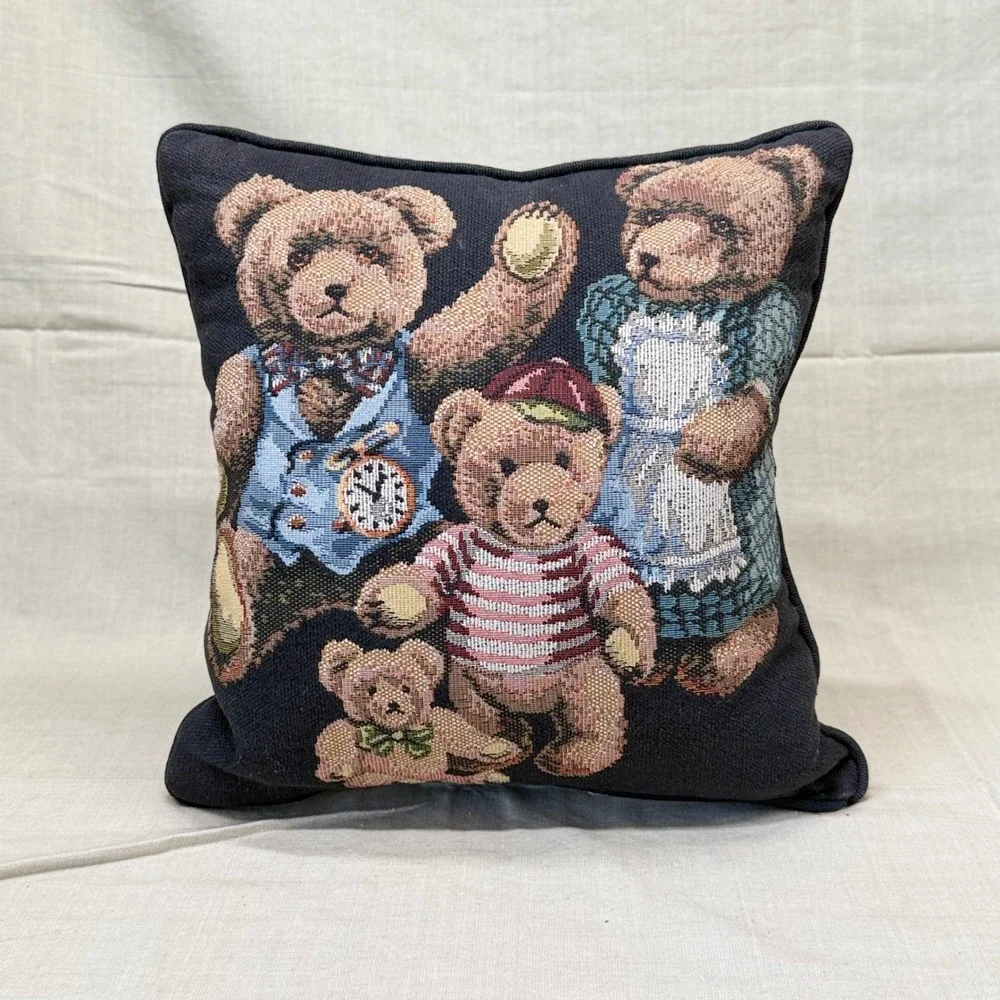 Vintage Teddy Bear Needlepoint Pillow Navy Kids Room Cushion Heritage Cottage